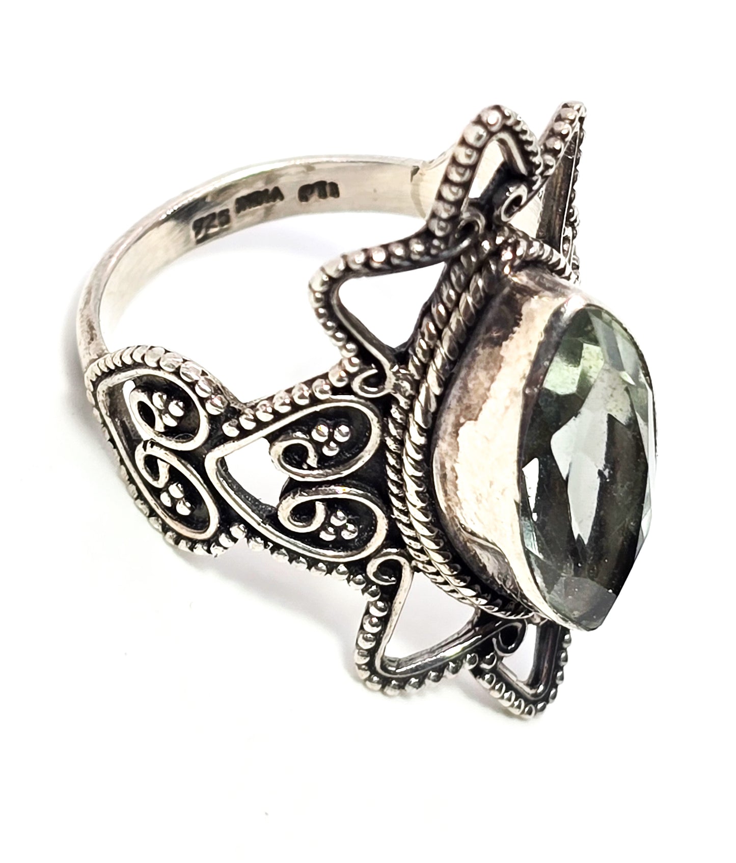 PTI Prasiolite Green Amethyst Filigree tribal Bali large sterling silver ring size 9