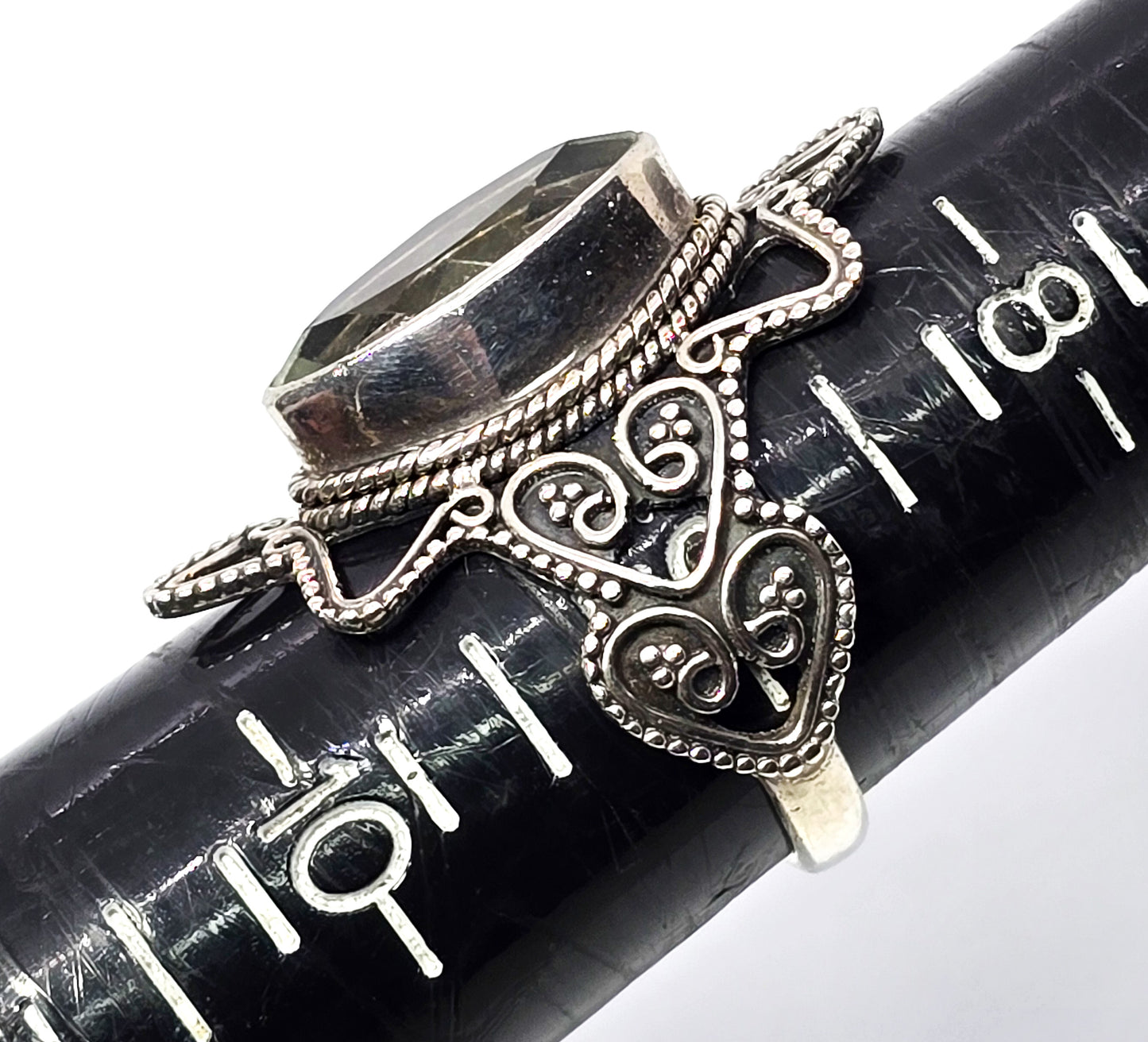 PTI Prasiolite Green Amethyst Filigree tribal Bali large sterling silver ring size 9