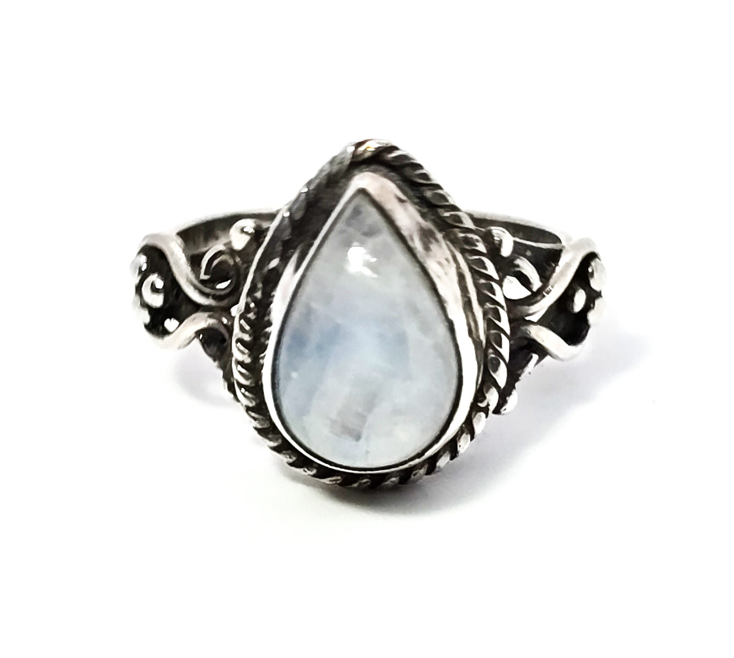 Large flashy blue moonstone pear cut Bali tribal sterling silver ring size 7