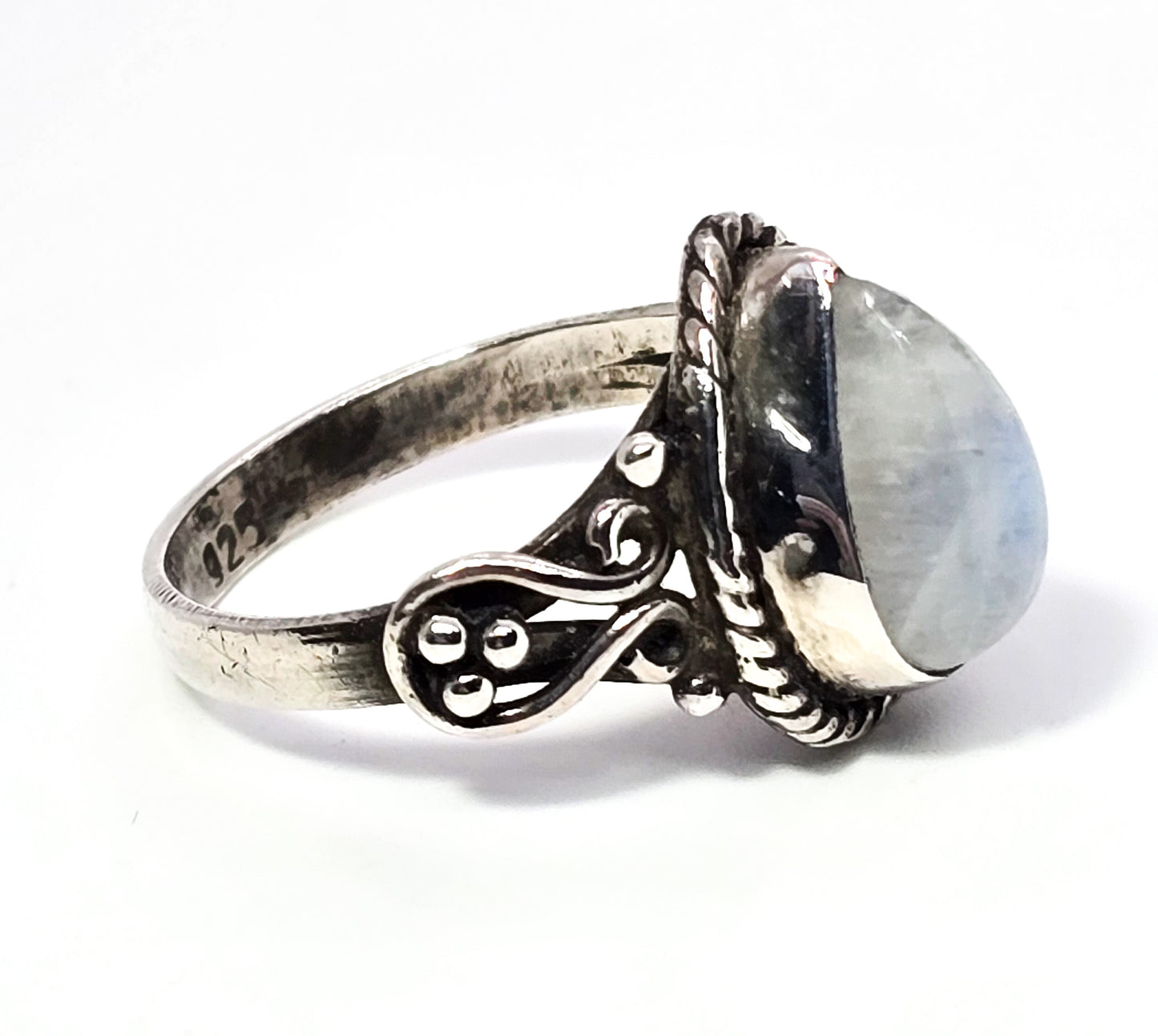 Large flashy blue moonstone pear cut Bali tribal sterling silver ring size 7