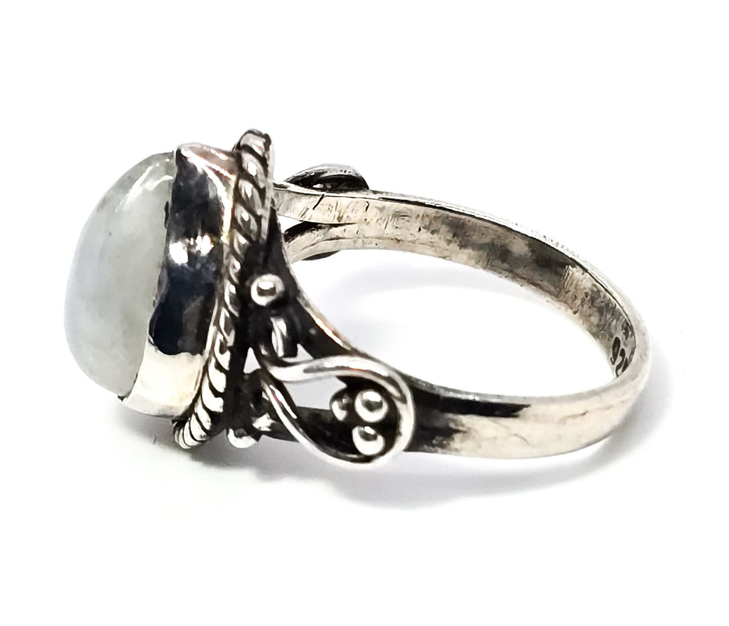 Large flashy blue moonstone pear cut Bali tribal sterling silver ring size 7