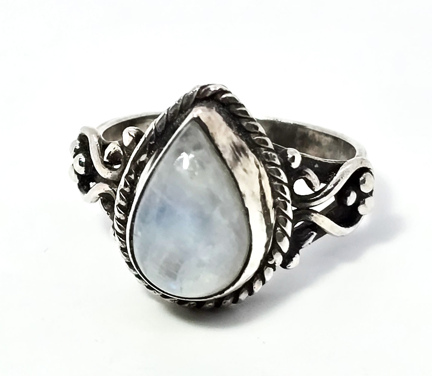 Large flashy blue moonstone pear cut Bali tribal sterling silver ring size 7
