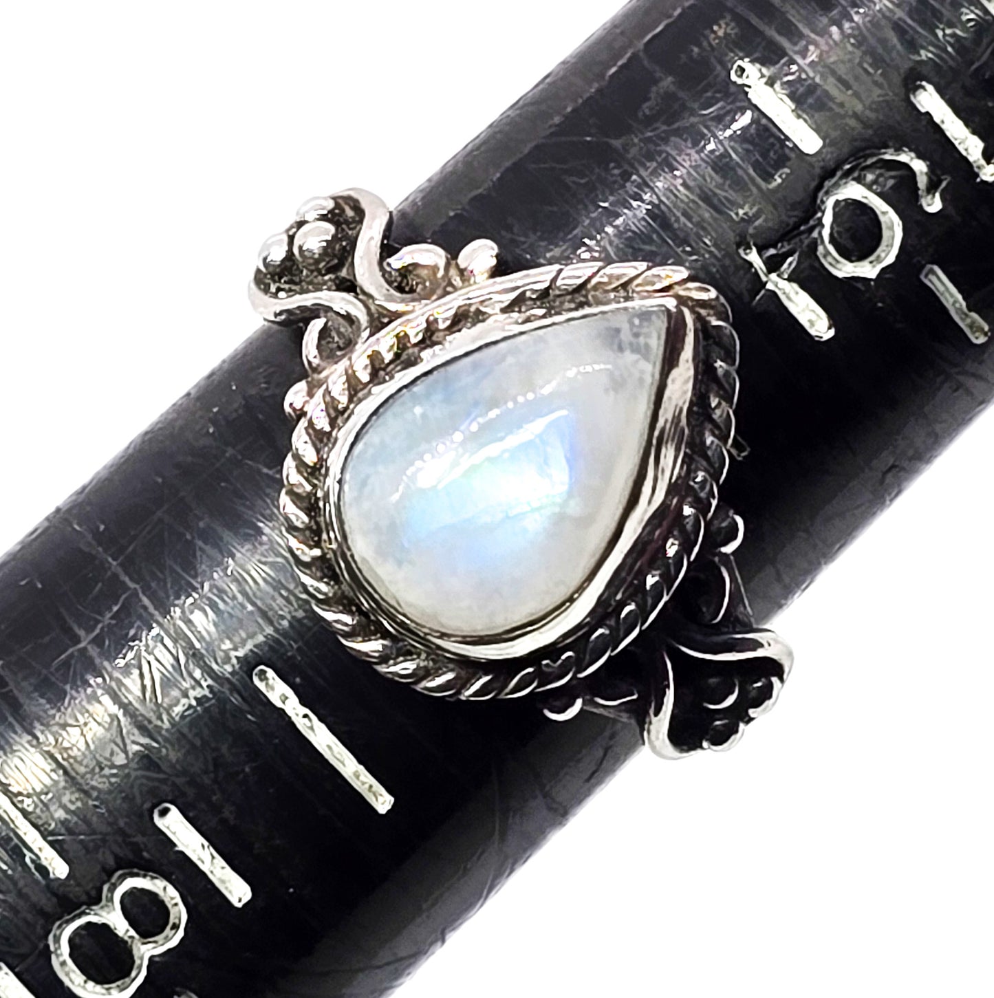 Large flashy blue moonstone pear cut Bali tribal sterling silver ring size 7
