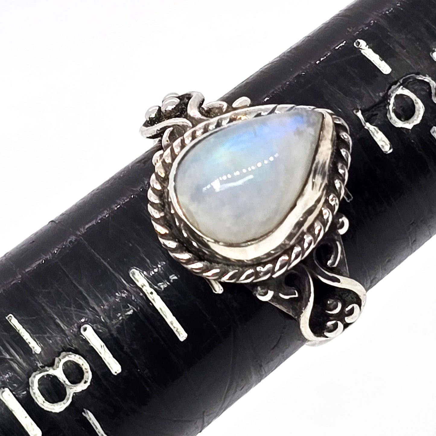 Large flashy blue moonstone pear cut Bali tribal sterling silver ring size 7