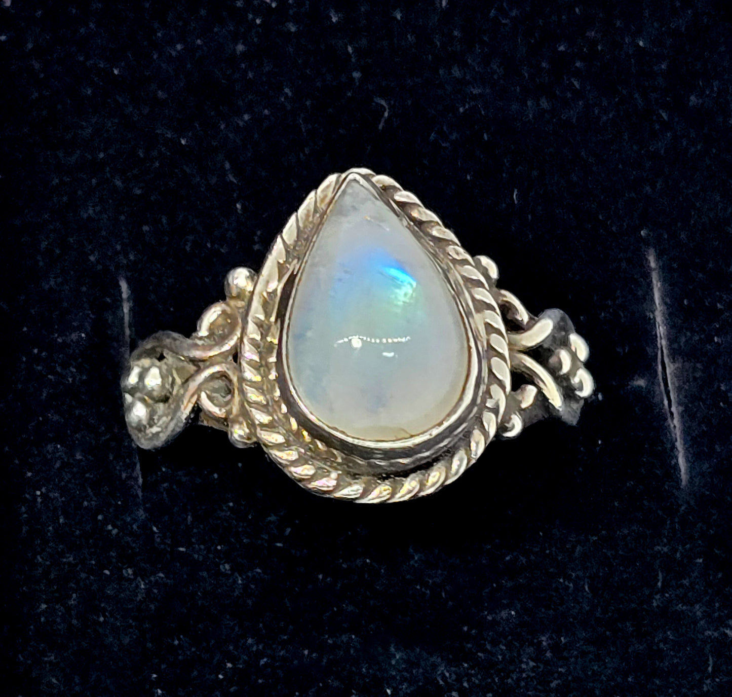 Large flashy blue moonstone pear cut Bali tribal sterling silver ring size 7
