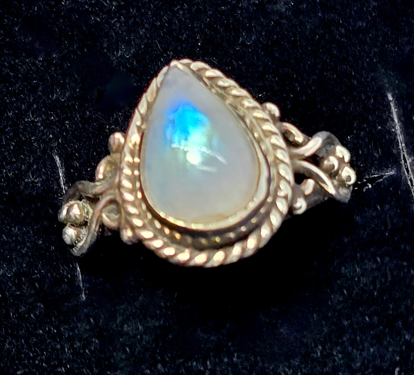 Large flashy blue moonstone pear cut Bali tribal sterling silver ring size 7