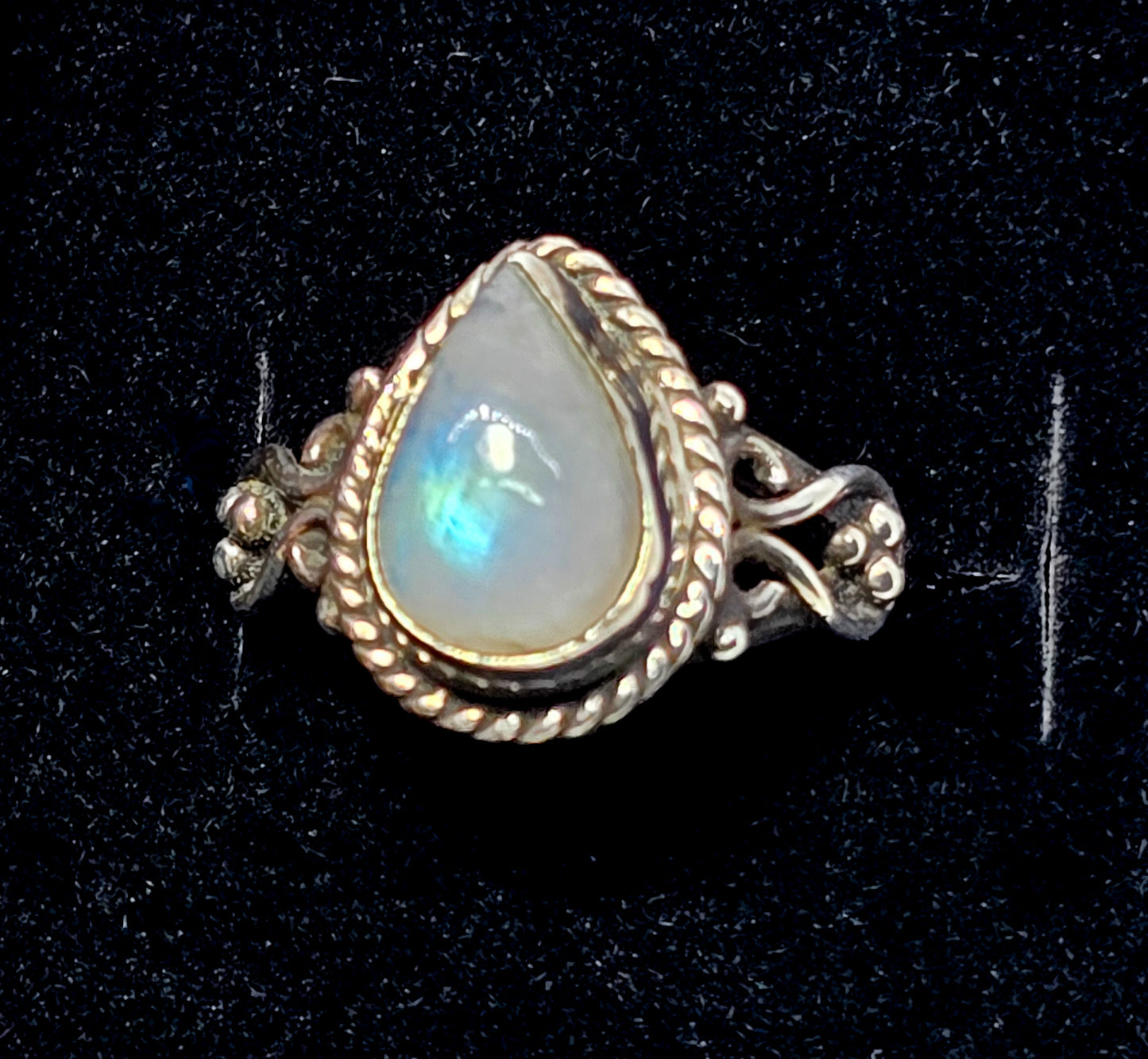 Large flashy blue moonstone pear cut Bali tribal sterling silver ring size 7