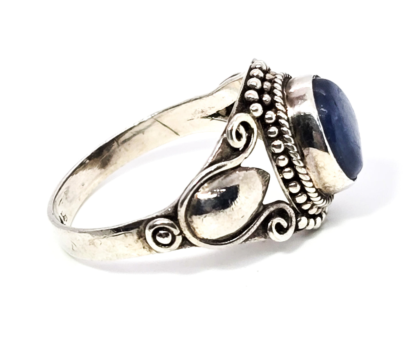 Blue kyanite cab gemstone Bali tribal lotus flower sterling silver ring size 8.5