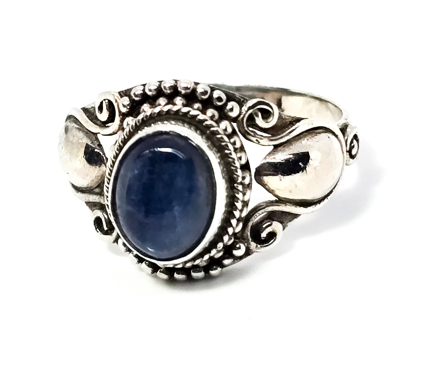 Blue kyanite cab gemstone Bali tribal lotus flower sterling silver ring size 8.5