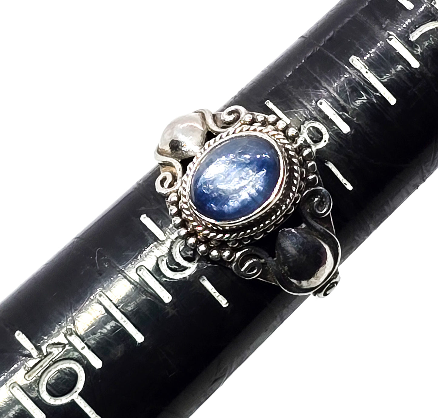 Blue kyanite cab gemstone Bali tribal lotus flower sterling silver ring size 8.5