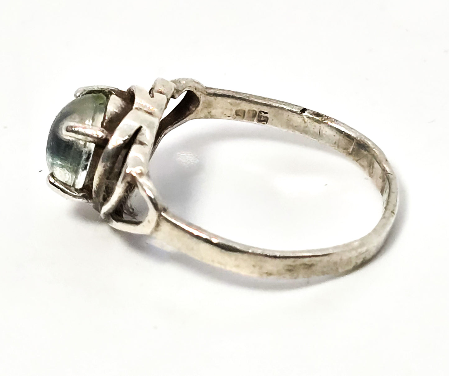 Blue stone retro heart ripple open work sterling silver ring size 7.5