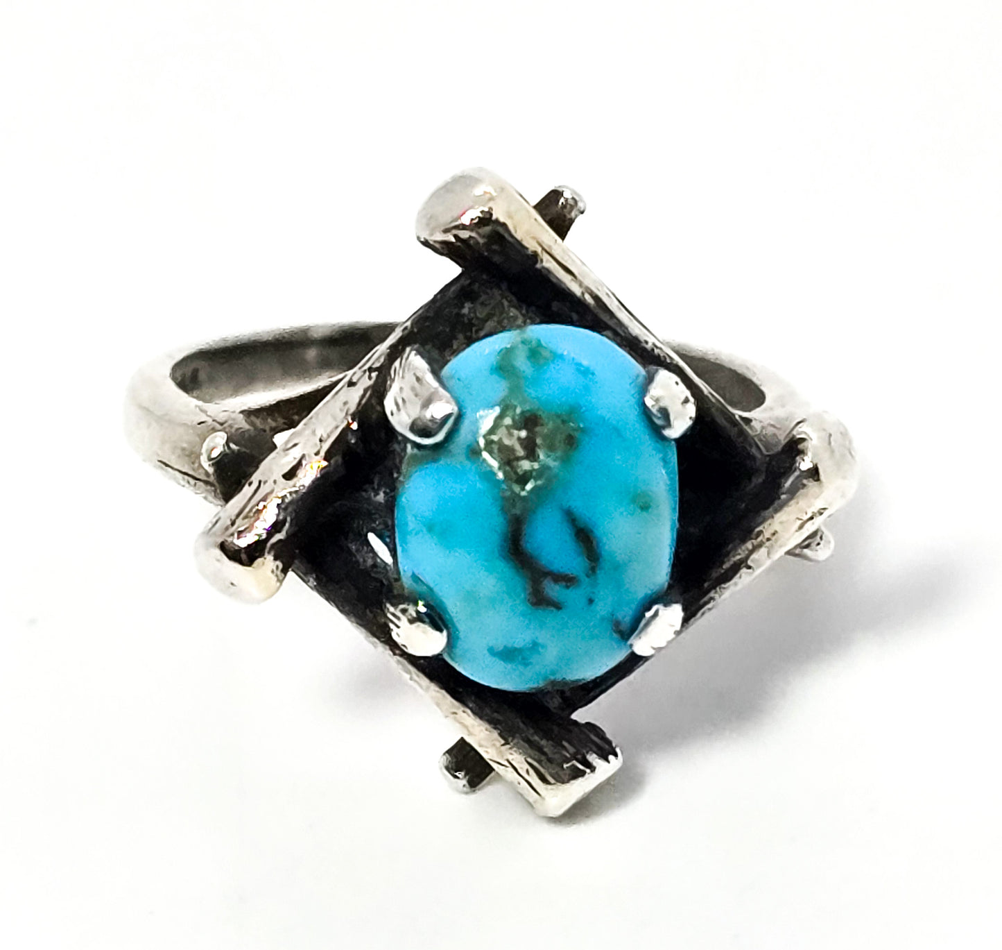 Turquoise vintage sterling silver split shank brutalist ring size 4