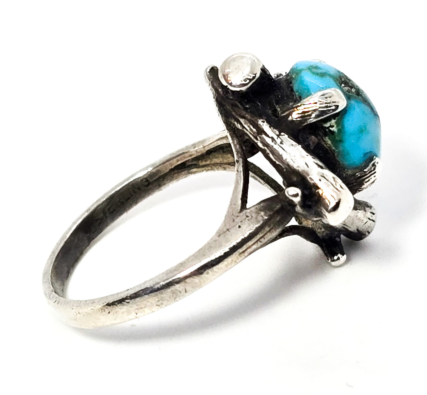 Turquoise vintage sterling silver split shank brutalist ring size 4