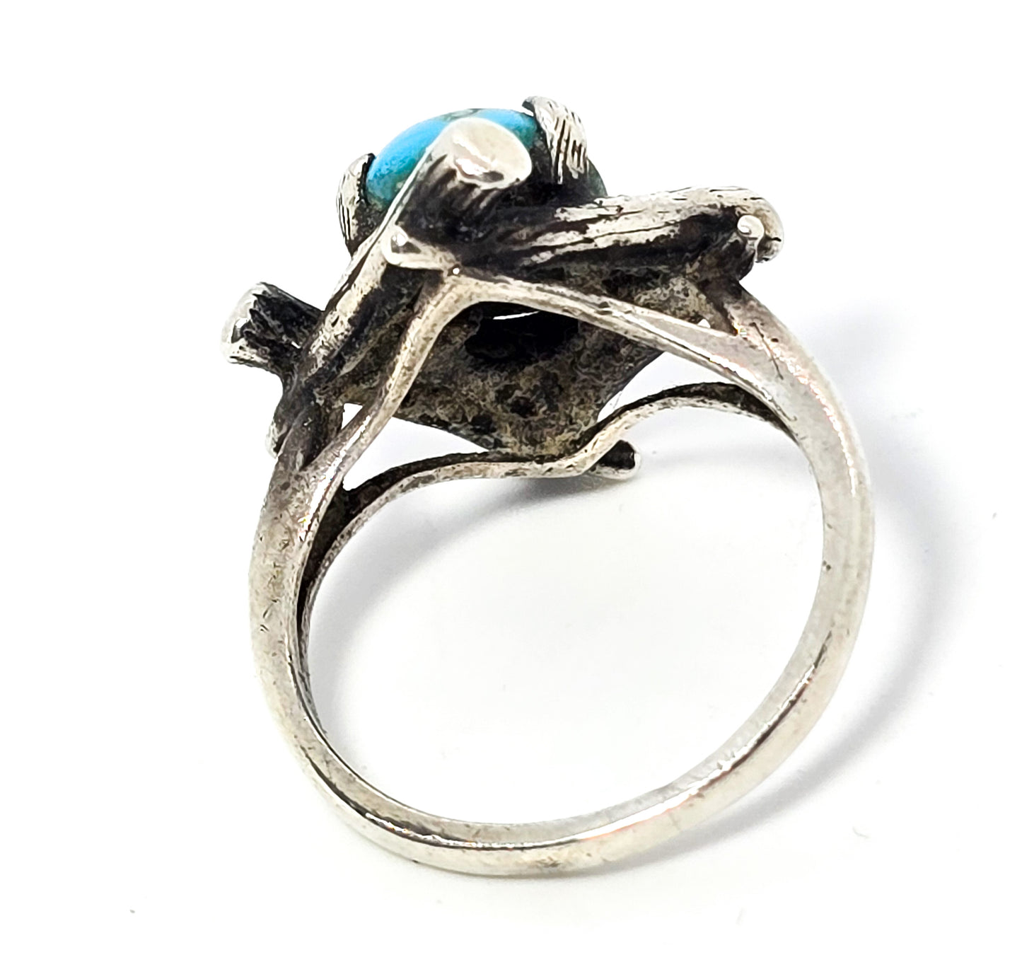 Turquoise vintage sterling silver split shank brutalist ring size 4