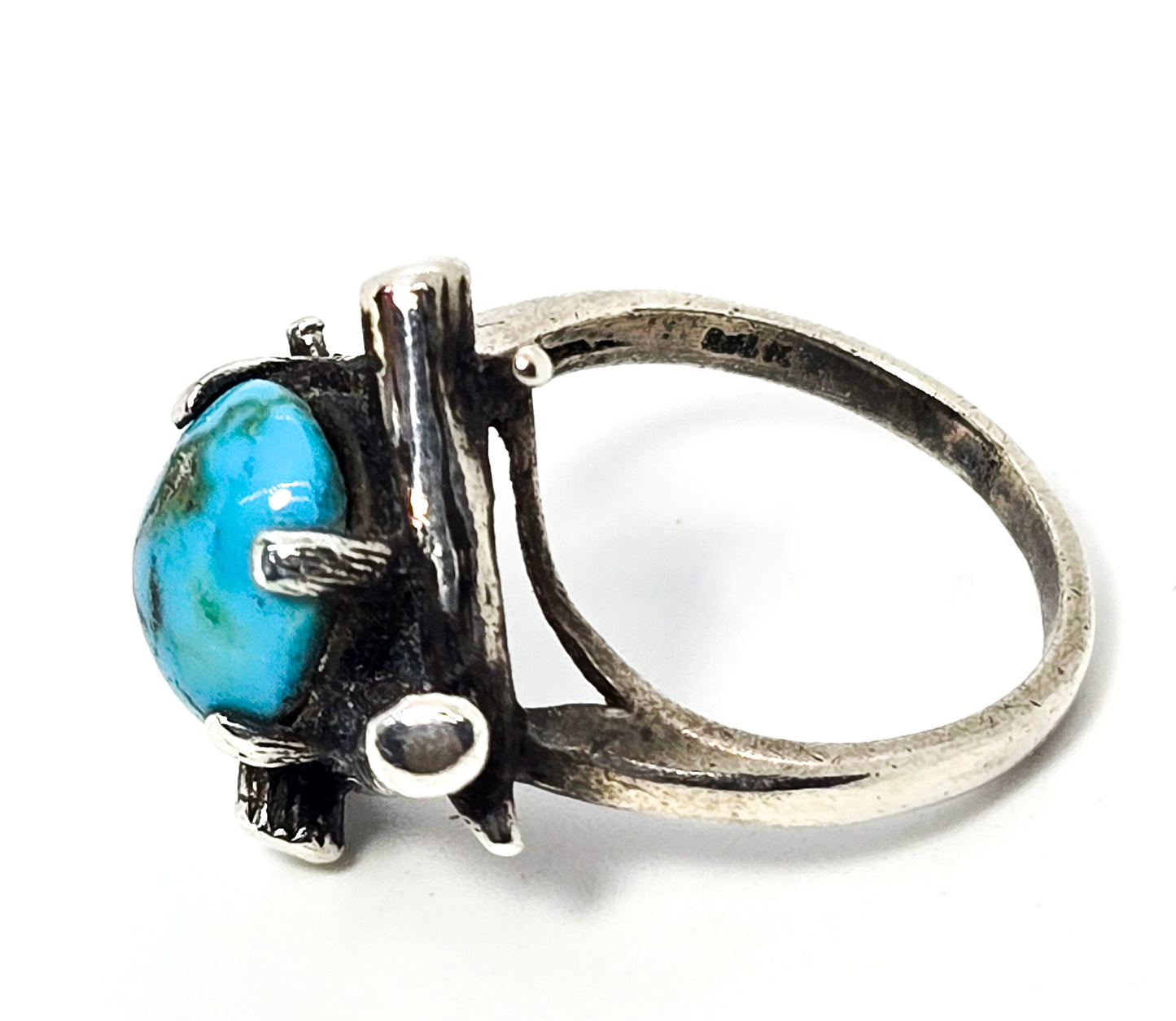 Turquoise vintage sterling silver split shank brutalist ring size 4
