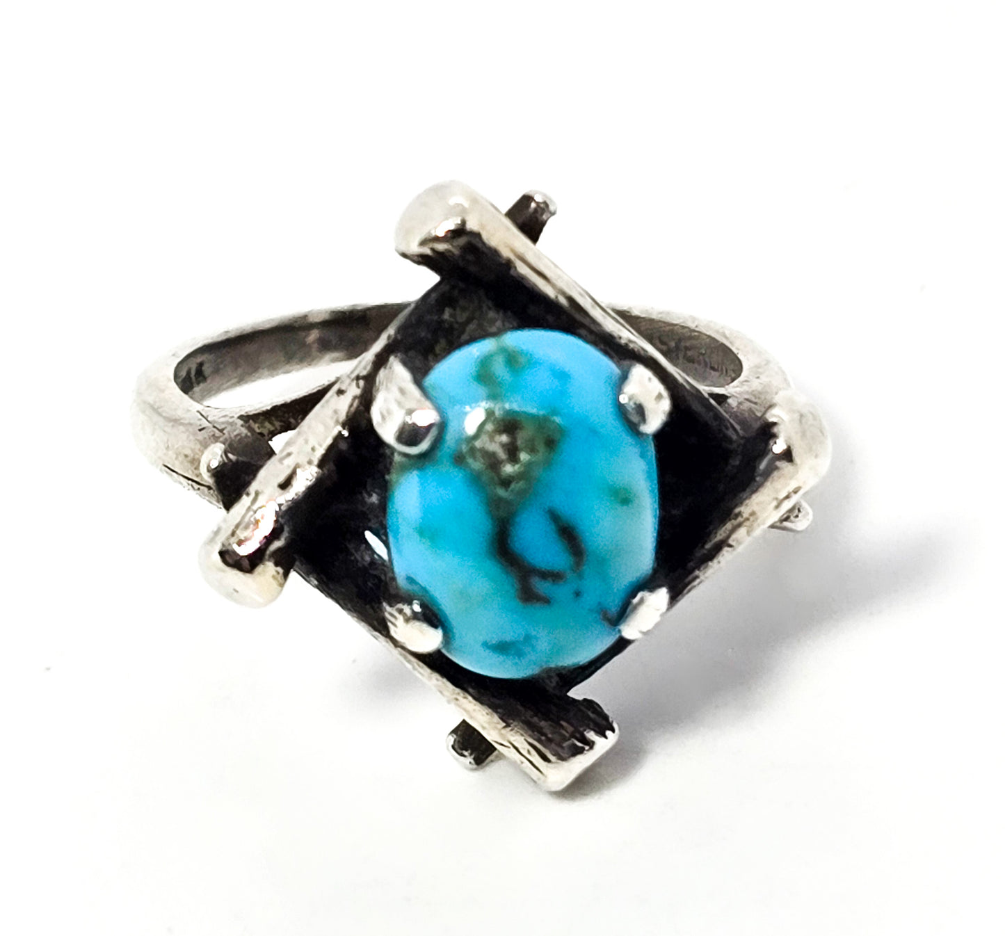 Turquoise vintage sterling silver split shank brutalist ring size 4