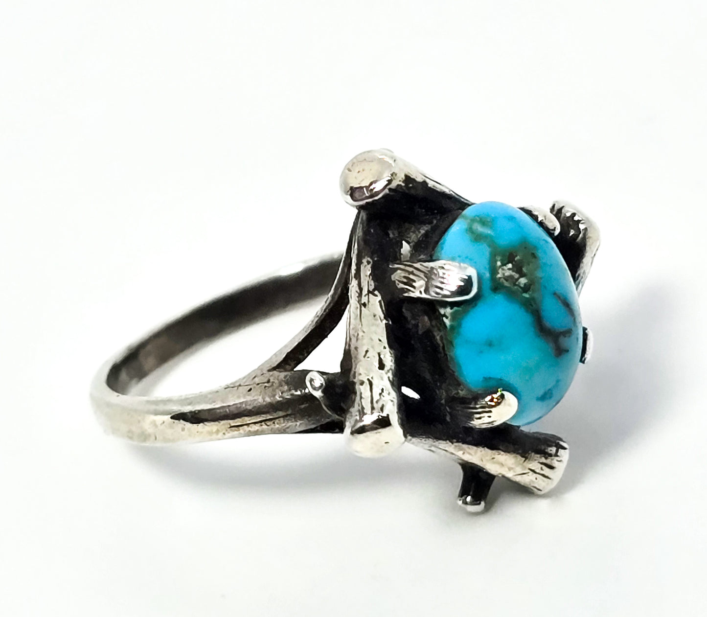 Turquoise vintage sterling silver split shank brutalist ring size 4