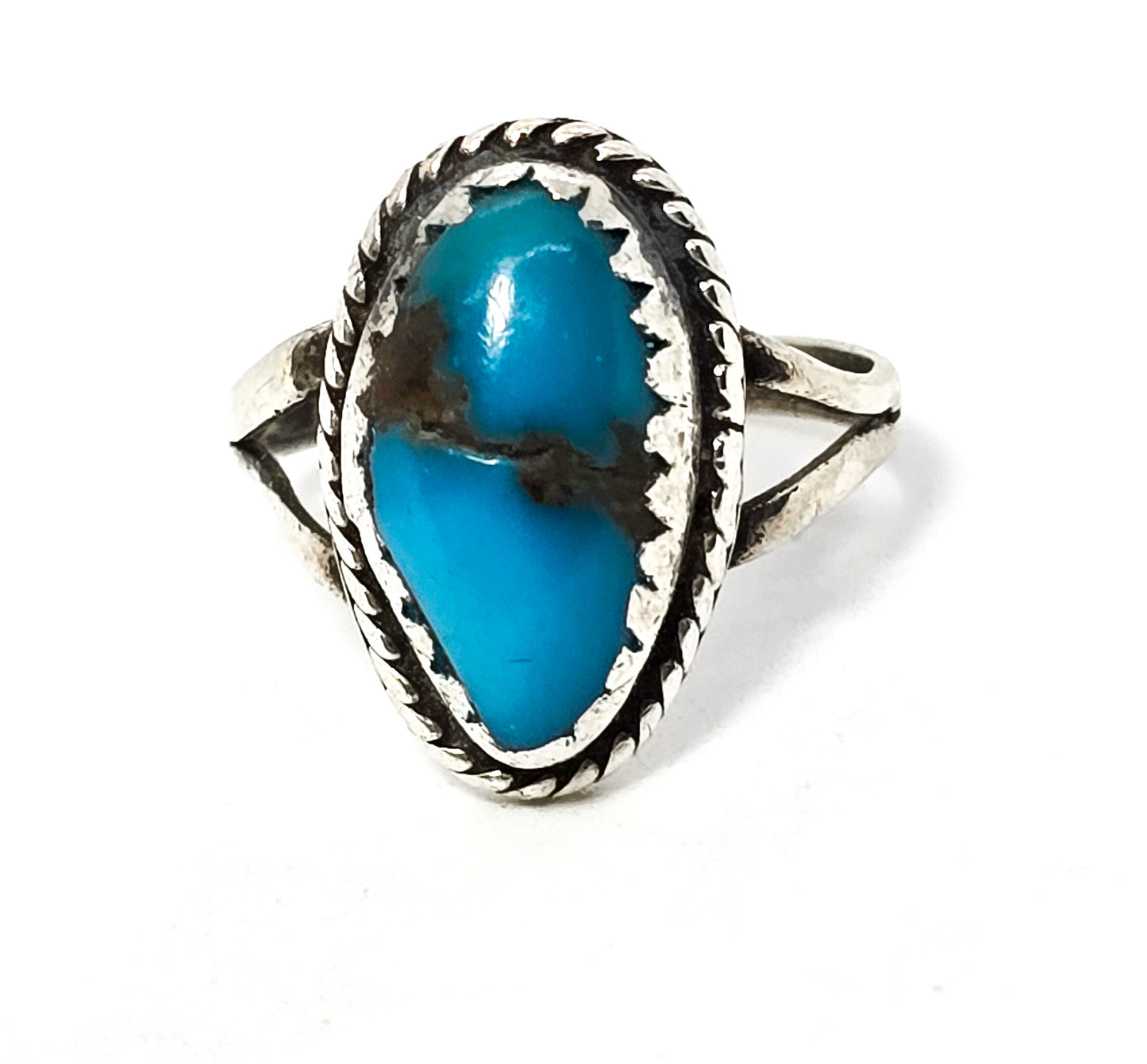 Turquoise vintage Native American split shank sawtooth sterling silver ring size 5.5