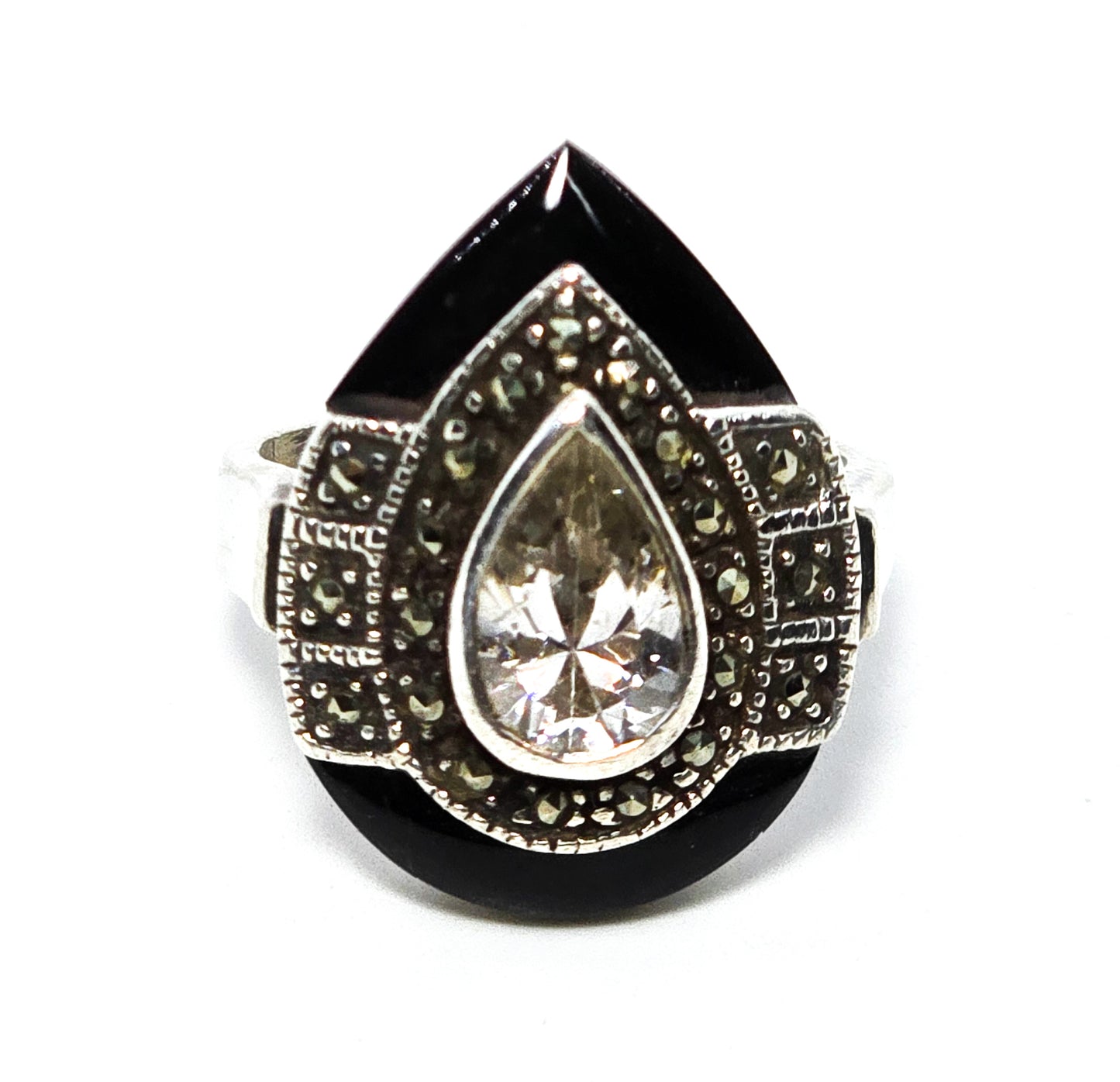 LH Art Deco style Cubic Zirconia Marcasite onyx sterling silver ring size 5.75