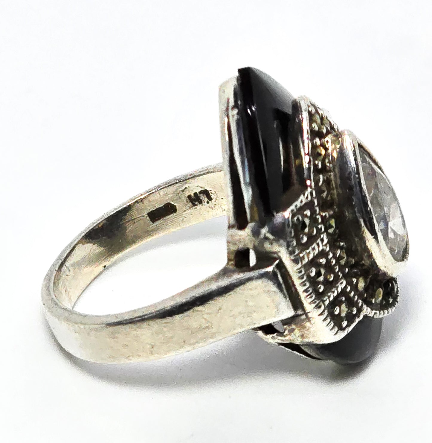 LH Art Deco style Cubic Zirconia Marcasite onyx sterling silver ring size 5.75