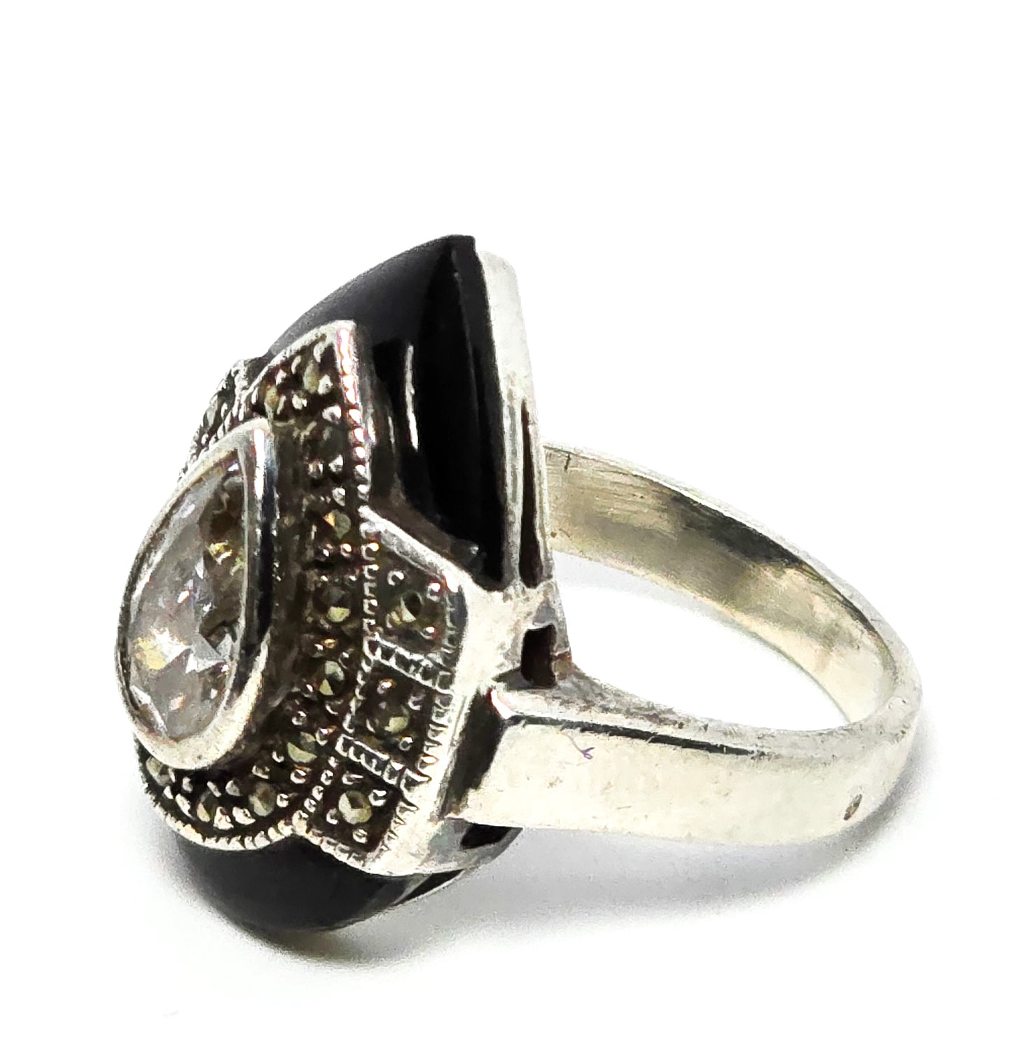 LH Art Deco style Cubic Zirconia Marcasite onyx sterling silver ring size 5.75
