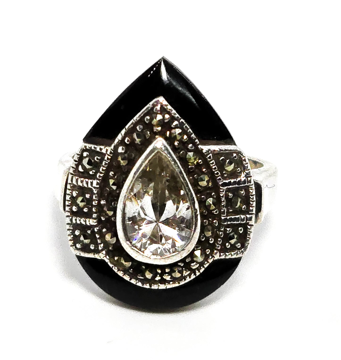 LH Art Deco style Cubic Zirconia Marcasite onyx sterling silver ring size 5.75