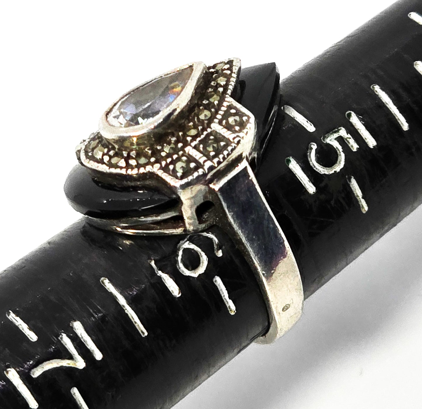 LH Art Deco style Cubic Zirconia Marcasite onyx sterling silver ring size 5.75