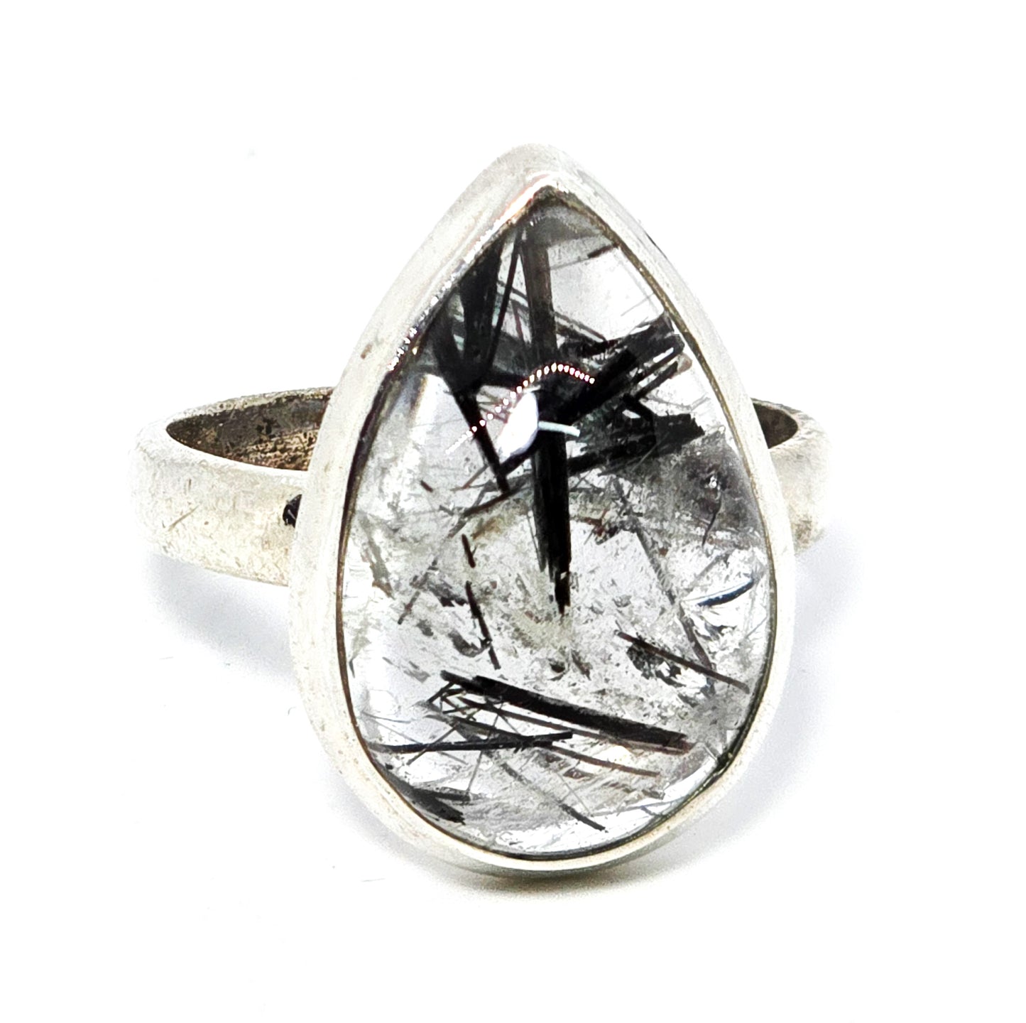 Black tourmaline Rutilated Quartz Pear cut large sterling silver statement ring size 9