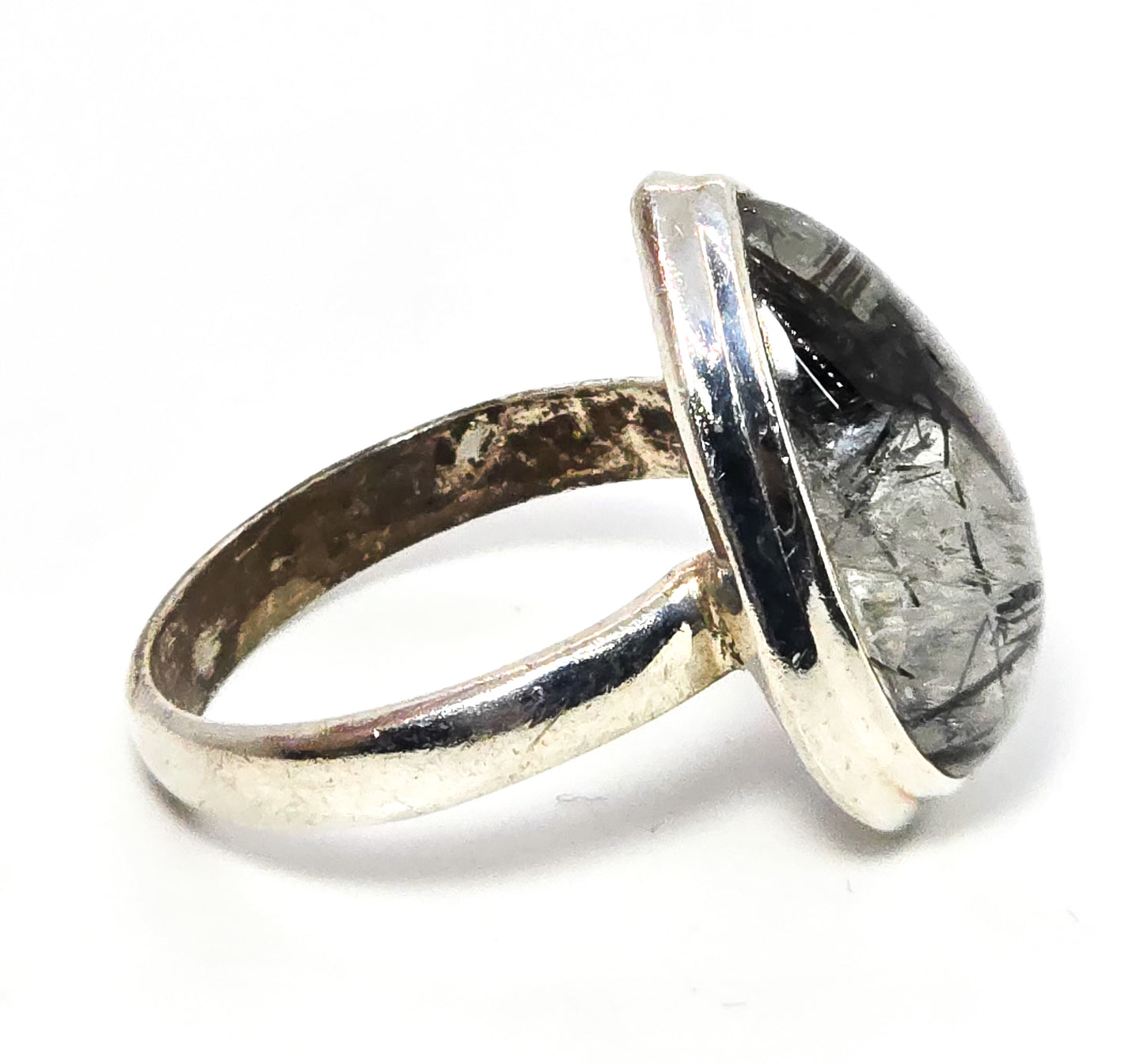 Black tourmaline Rutilated Quartz Pear cut large sterling silver statement ring size 9