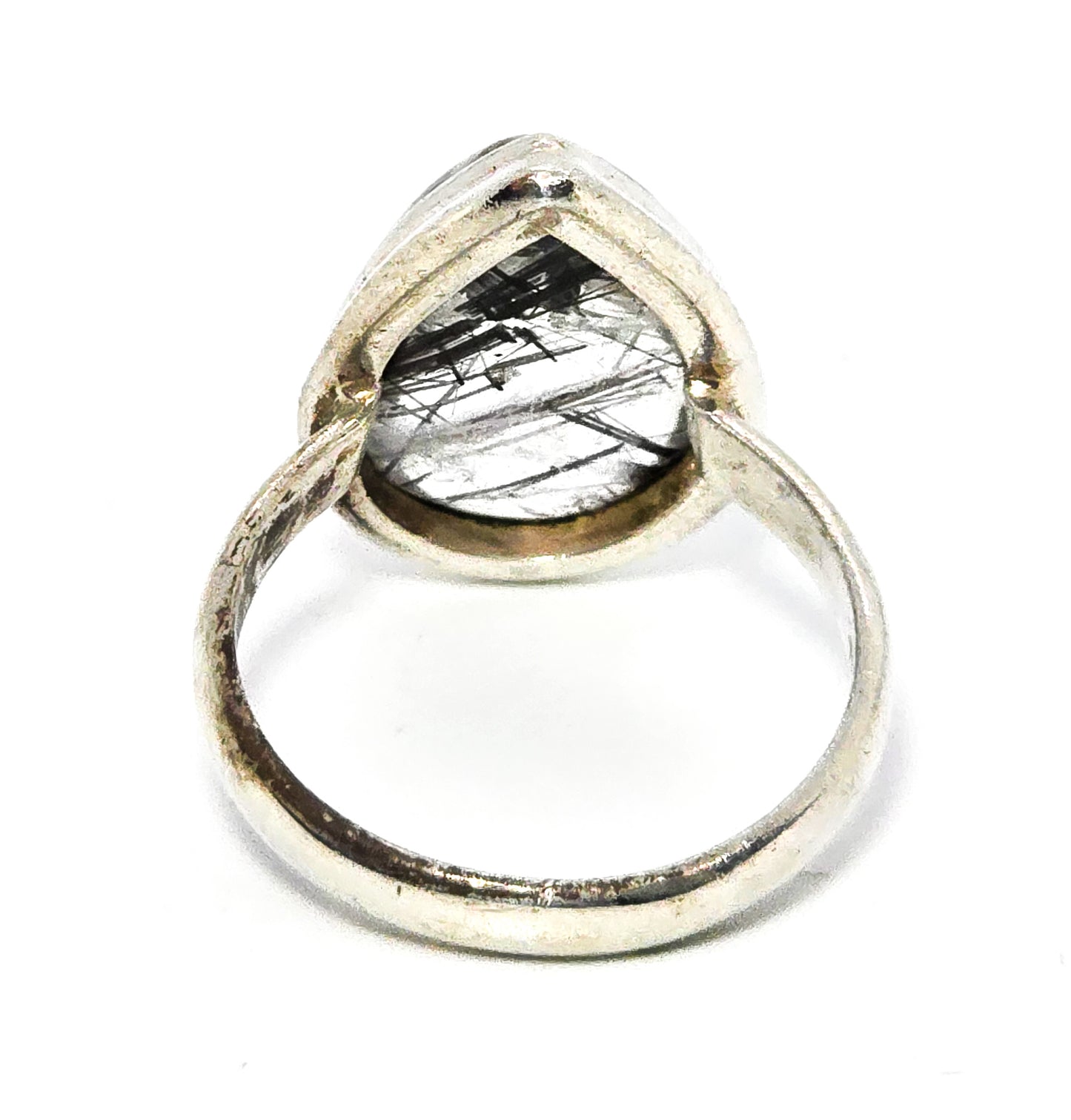 Black tourmaline Rutilated Quartz Pear cut large sterling silver statement ring size 9