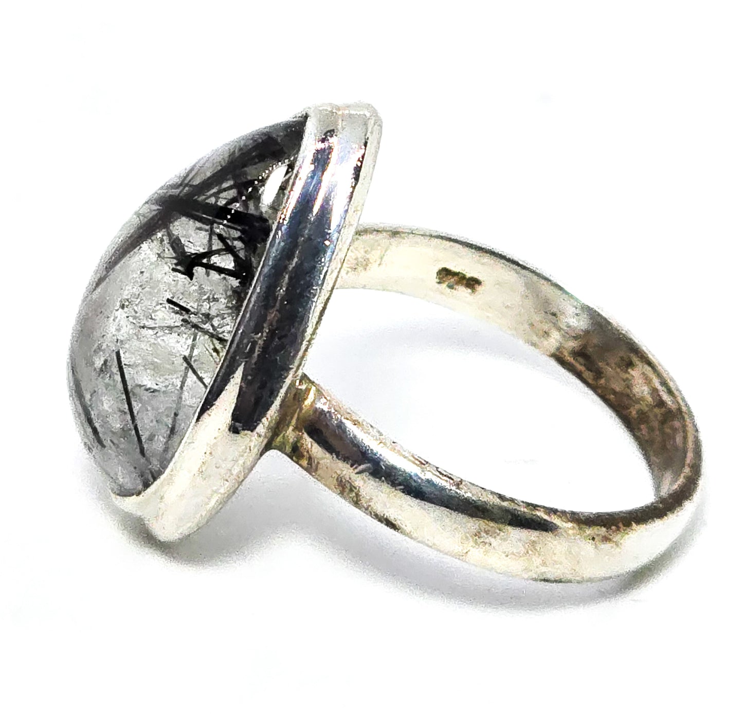 Black tourmaline Rutilated Quartz Pear cut large sterling silver statement ring size 9