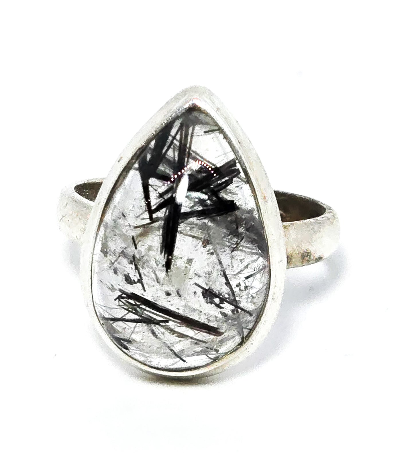 Black tourmaline Rutilated Quartz Pear cut large sterling silver statement ring size 9