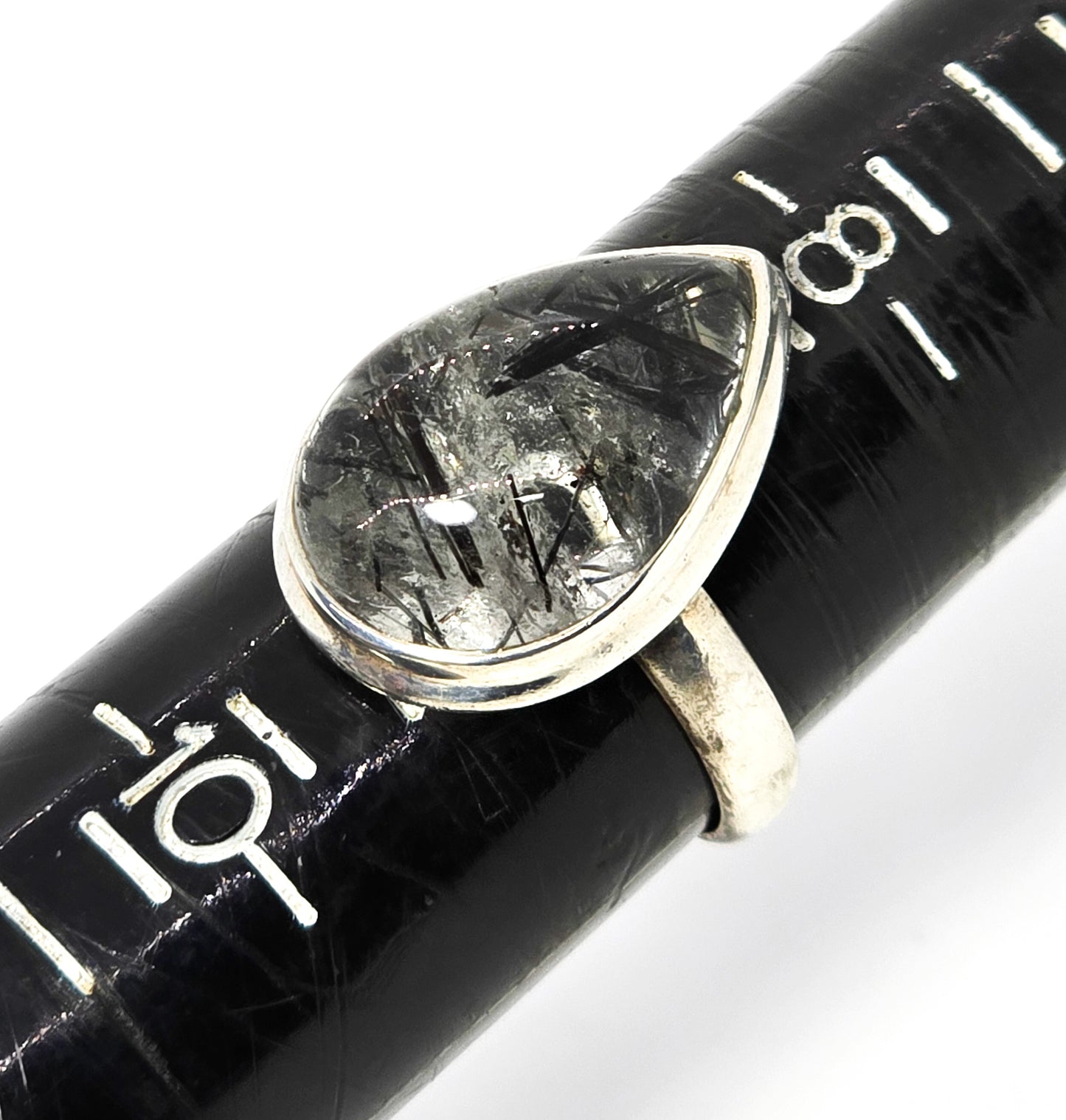 Black tourmaline Rutilated Quartz Pear cut large sterling silver statement ring size 9
