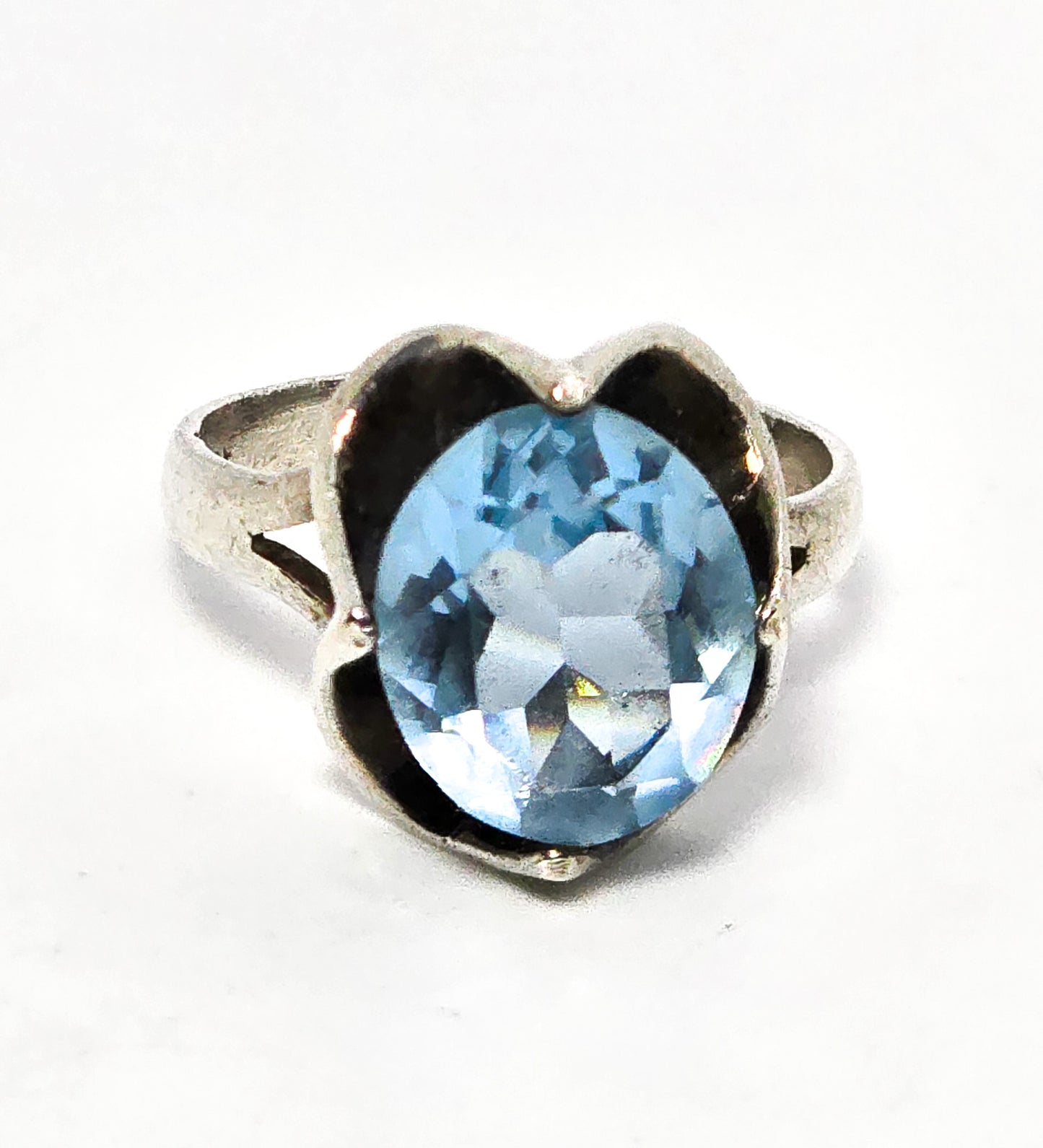 Blue stone Mexican Modernist flower vintage sterling silver ring size 7