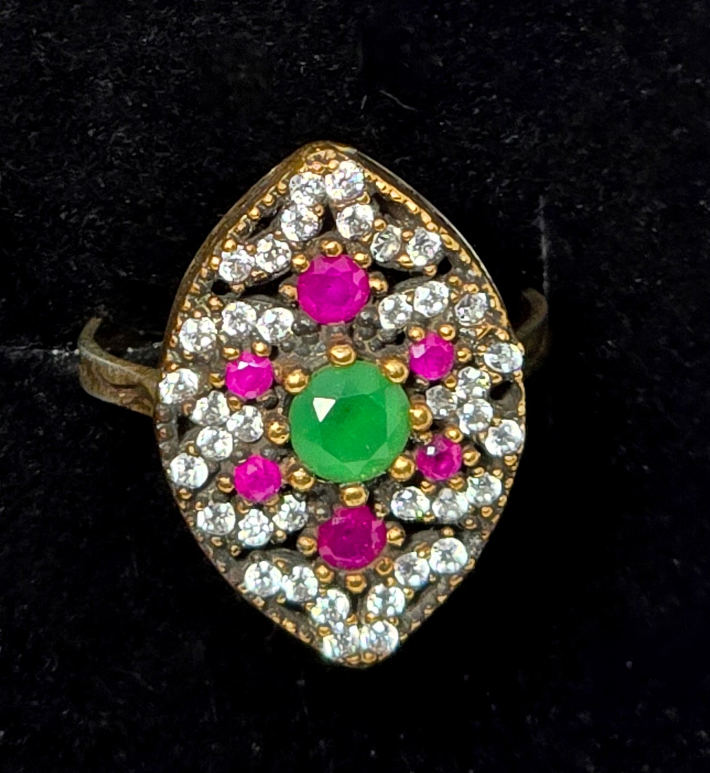 Ruby and synthetic emerald gemstone sterling silver vermeil Turkish ring size 8.75