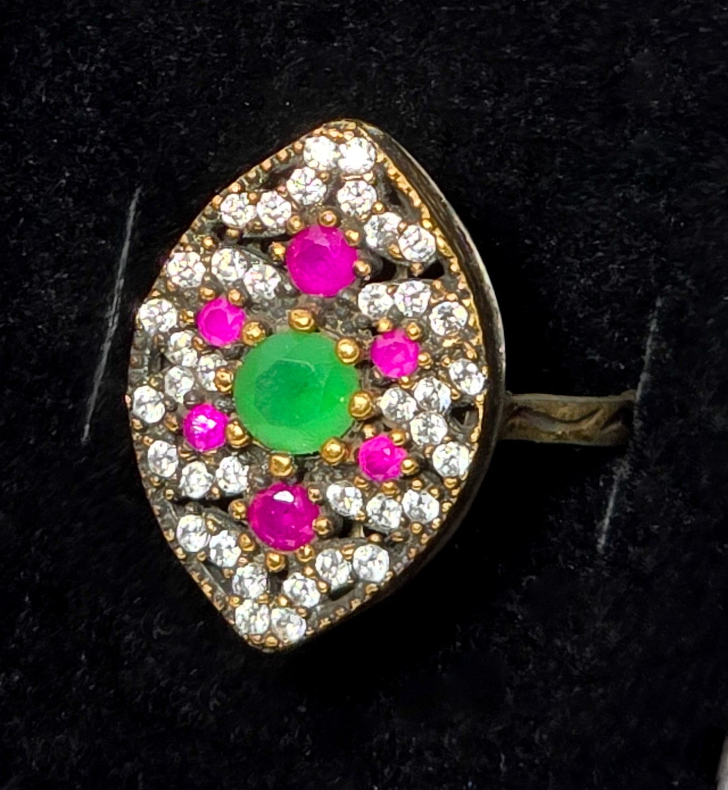 Ruby and synthetic emerald gemstone sterling silver vermeil Turkish ring size 8.75