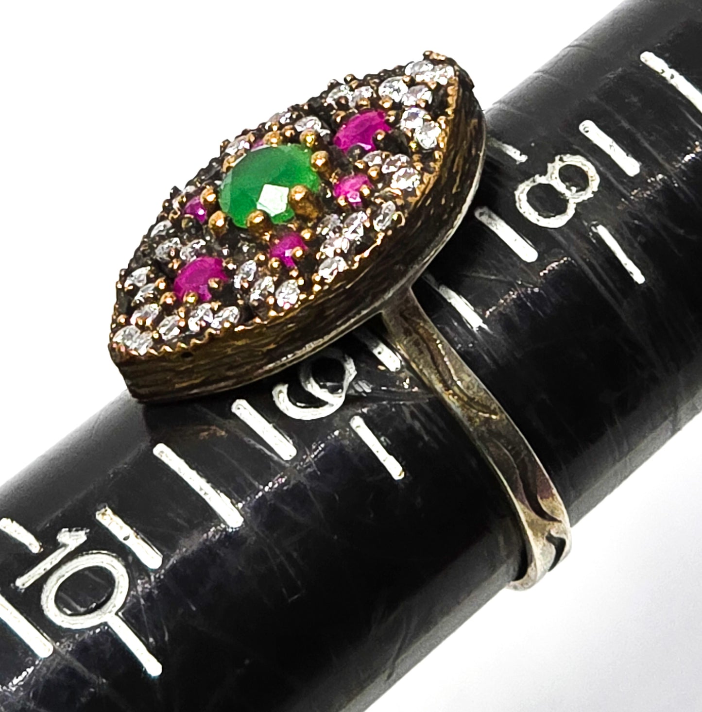 Ruby and synthetic emerald gemstone sterling silver vermeil Turkish ring size 8.75