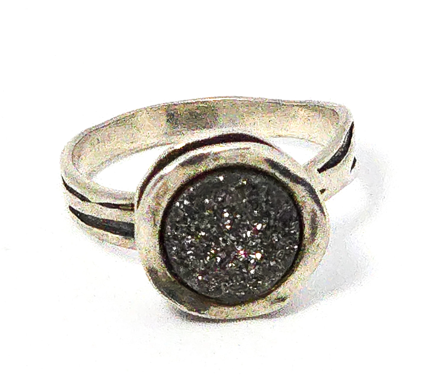 Zuman Black Druzy Quartz Textured Israel Sterling Silver Ring Size 6.5
