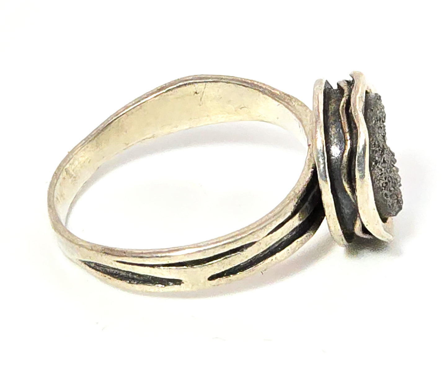 Zuman Black Druzy Quartz Textured Israel Sterling Silver Ring Size 6.5