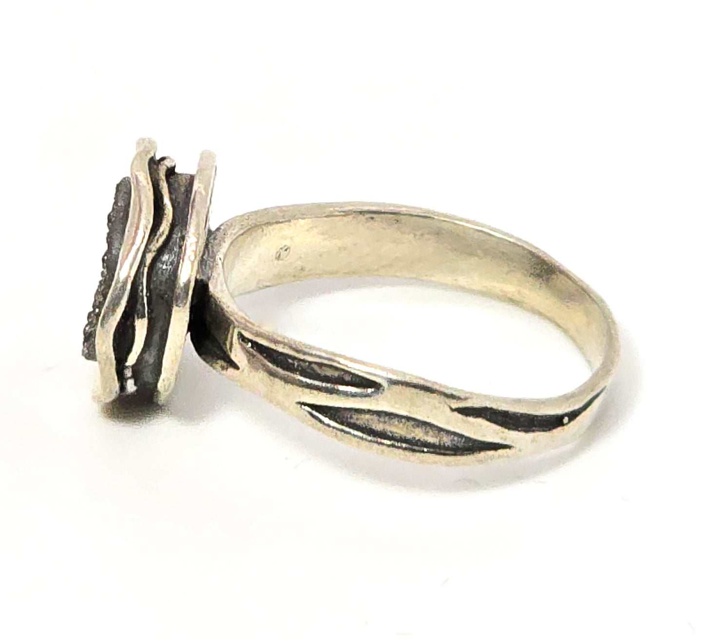 Zuman Black Druzy Quartz Textured Israel Sterling Silver Ring Size 6.5