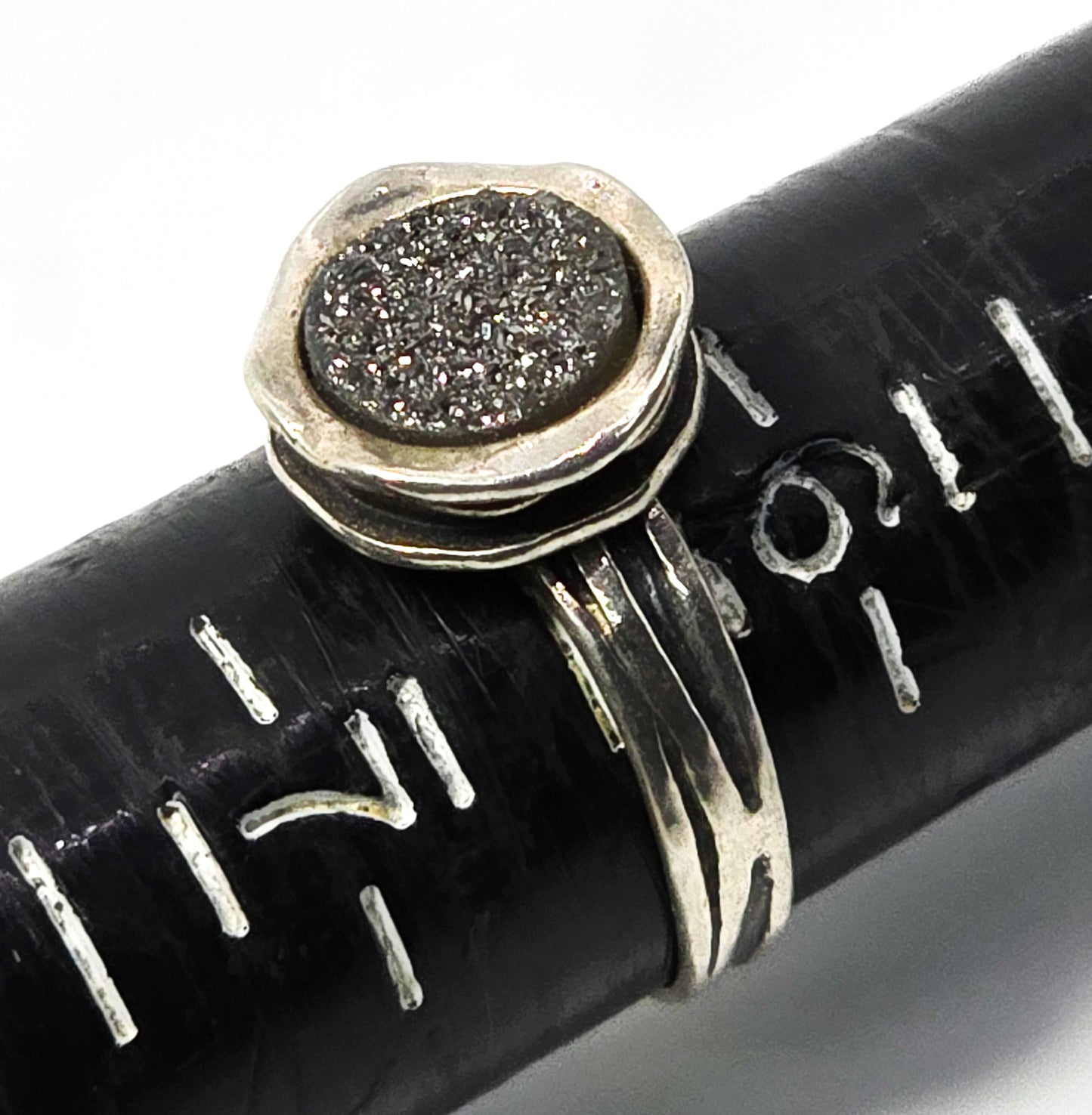 Zuman Black Druzy Quartz Textured Israel Sterling Silver Ring Size 6.5