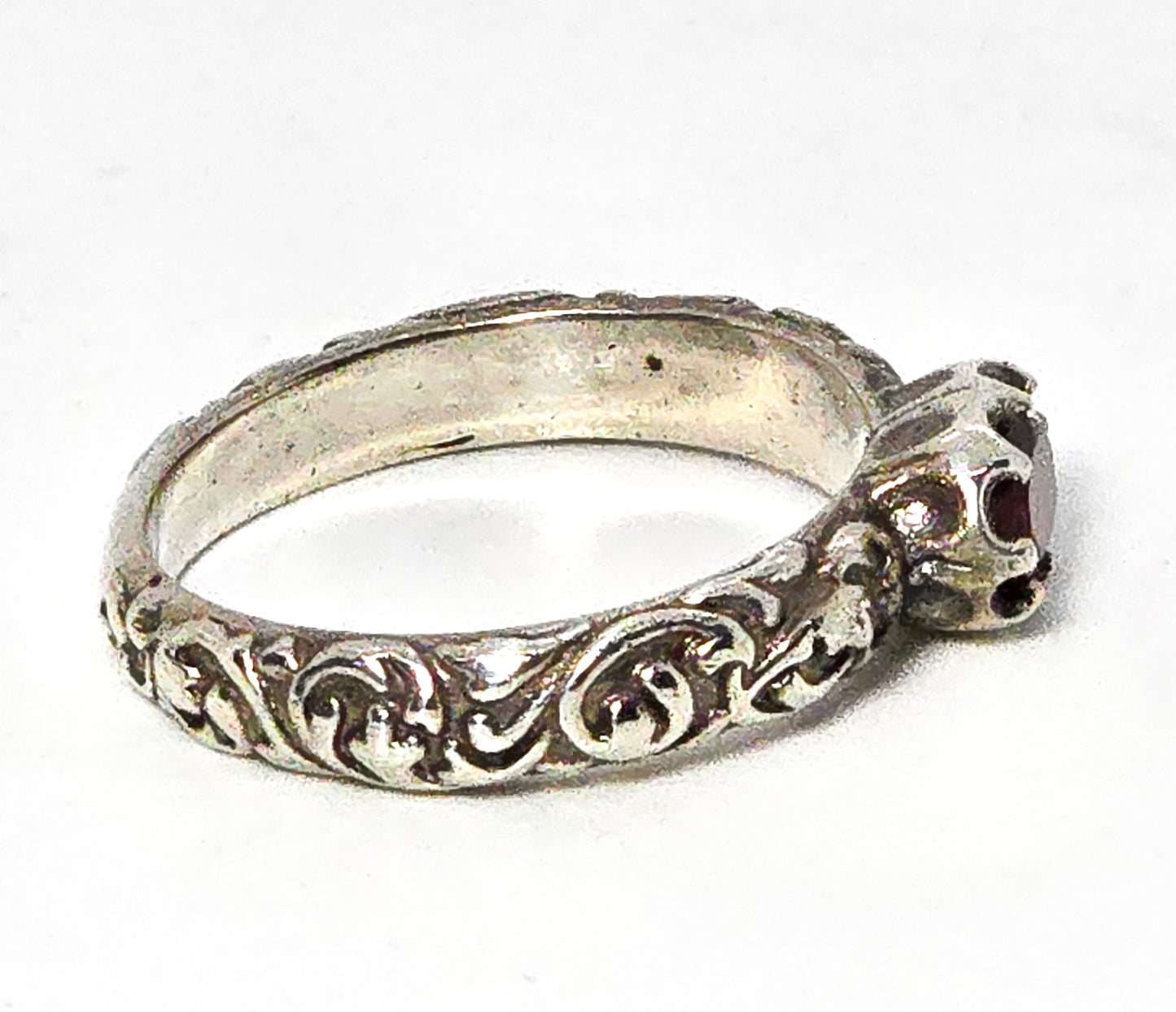 Museum of Fine Arts (MFA) garnet embossed sterling silver stacker ring size 6.5