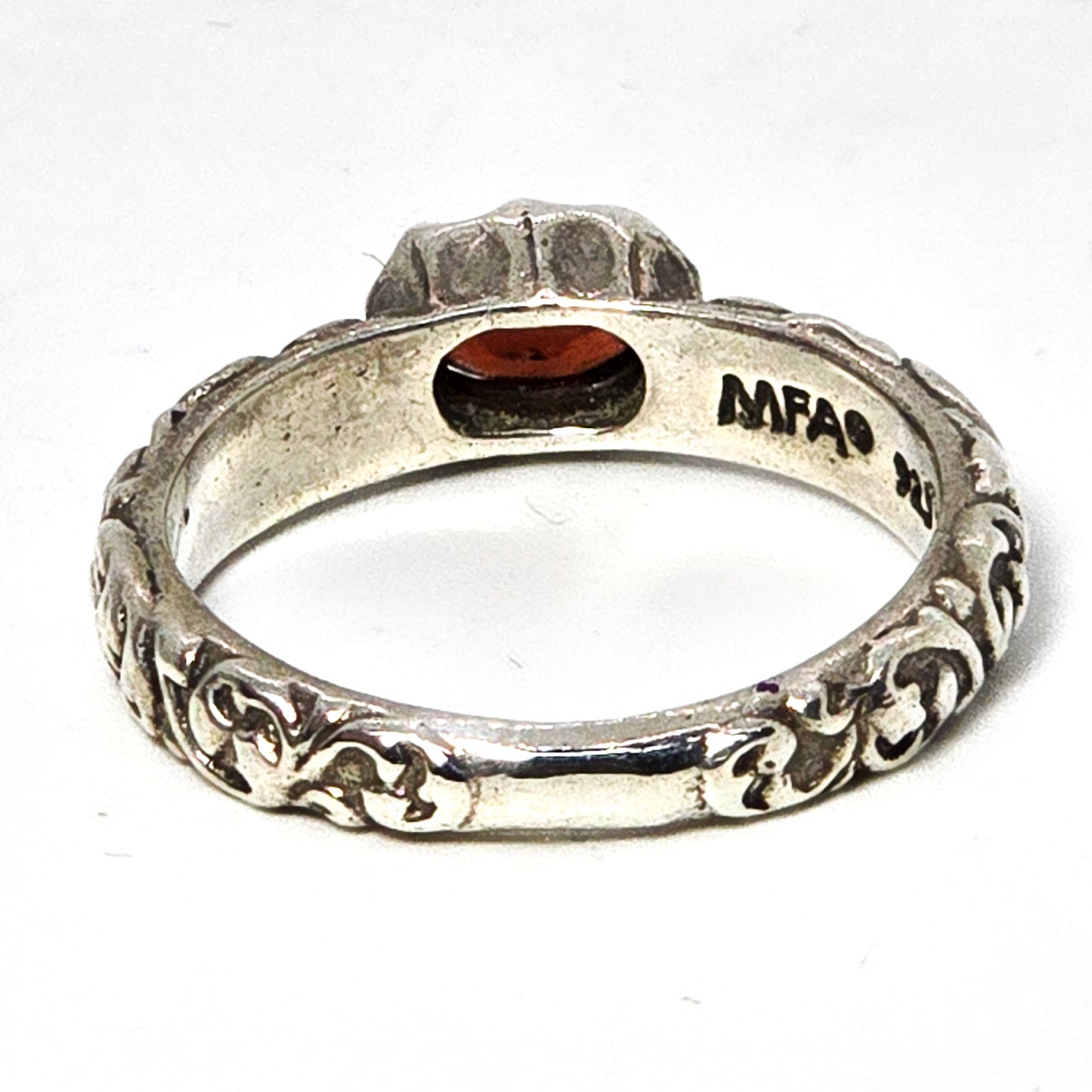 Museum of Fine Arts (MFA) garnet embossed sterling silver stacker ring size 6.5