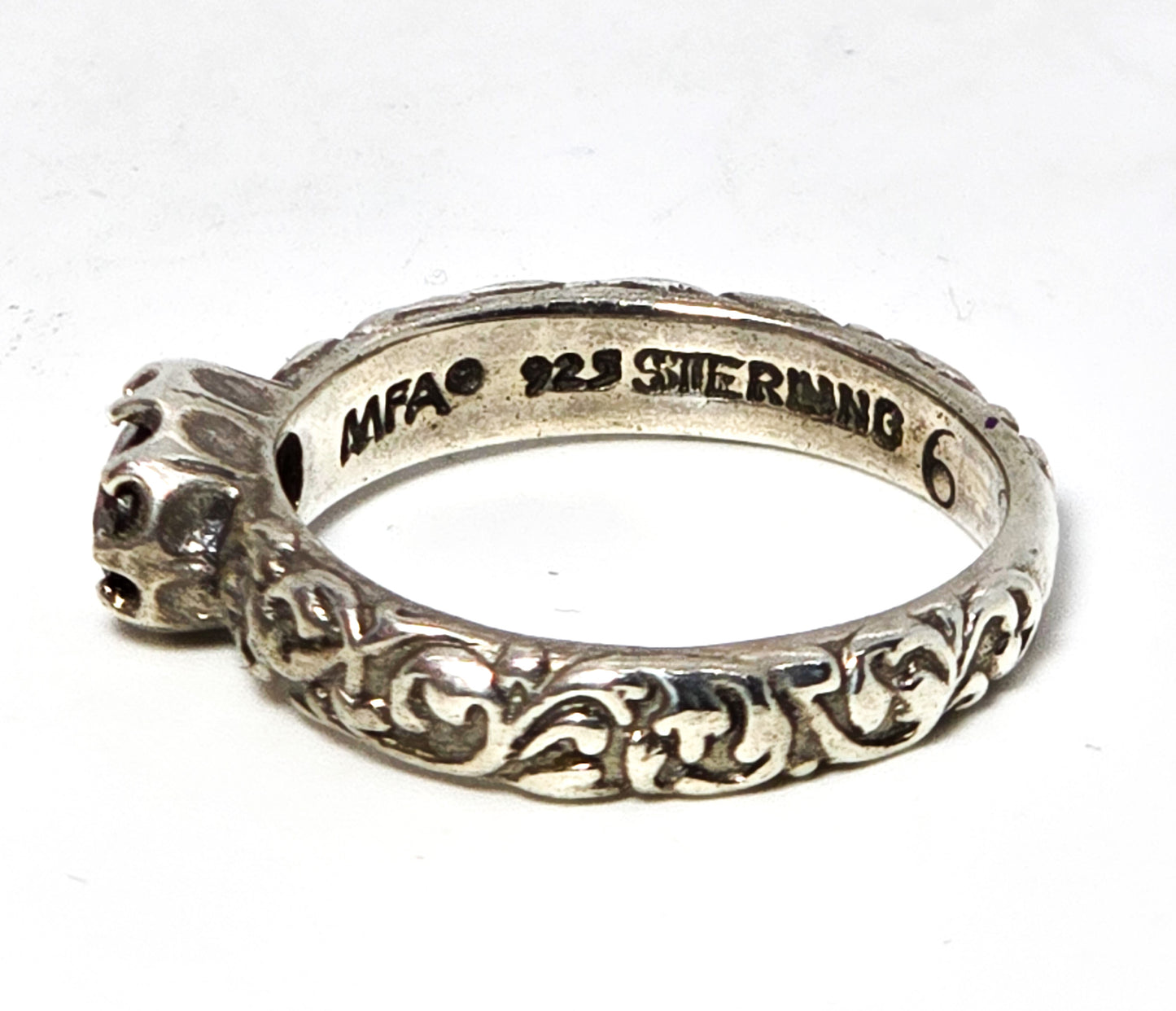 Museum of Fine Arts (MFA) garnet embossed sterling silver stacker ring size 6.5