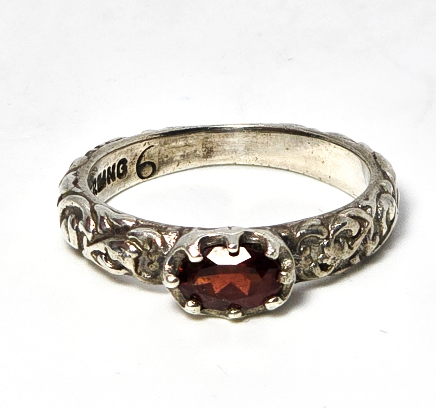 Museum of Fine Arts (MFA) garnet embossed sterling silver stacker ring size 6.5