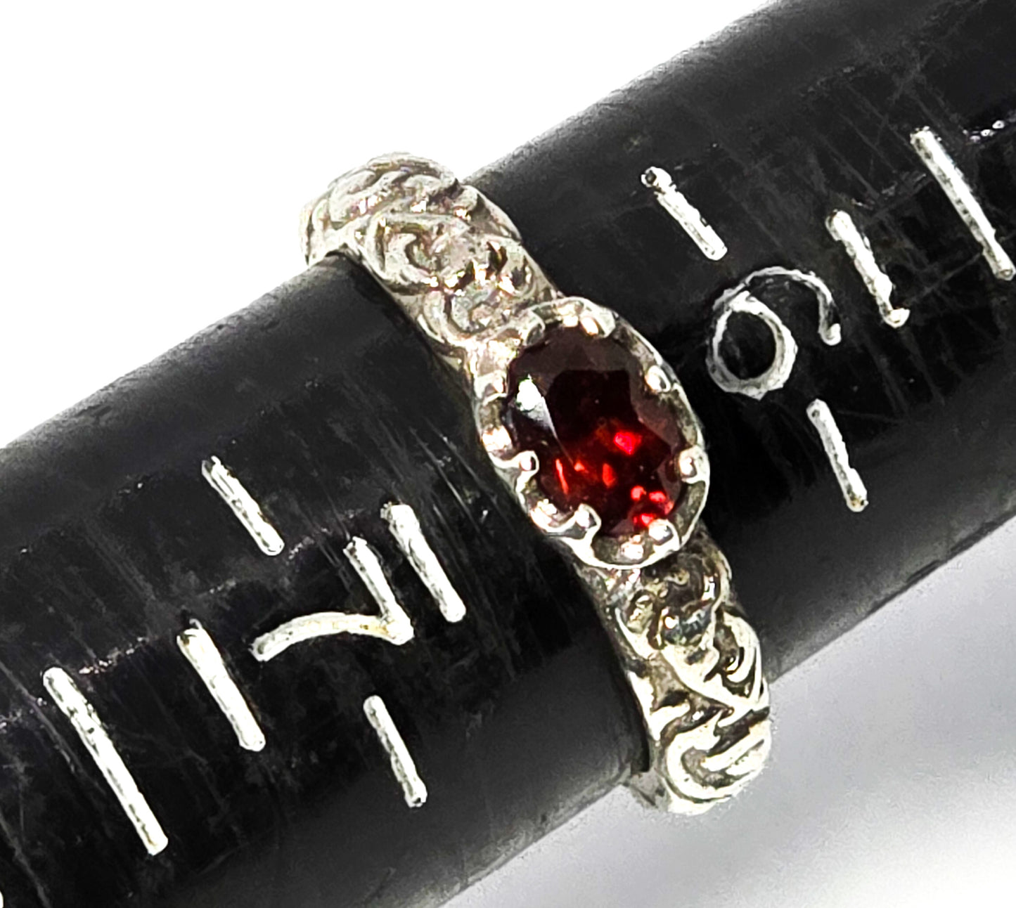 Museum of Fine Arts (MFA) garnet embossed sterling silver stacker ring size 6.5
