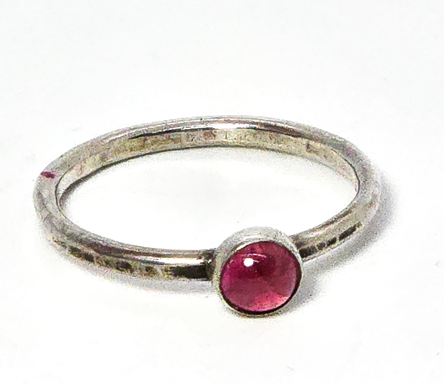 Pink Tourmaline gemstone artisan hammered sterling silver stacker ring size 9