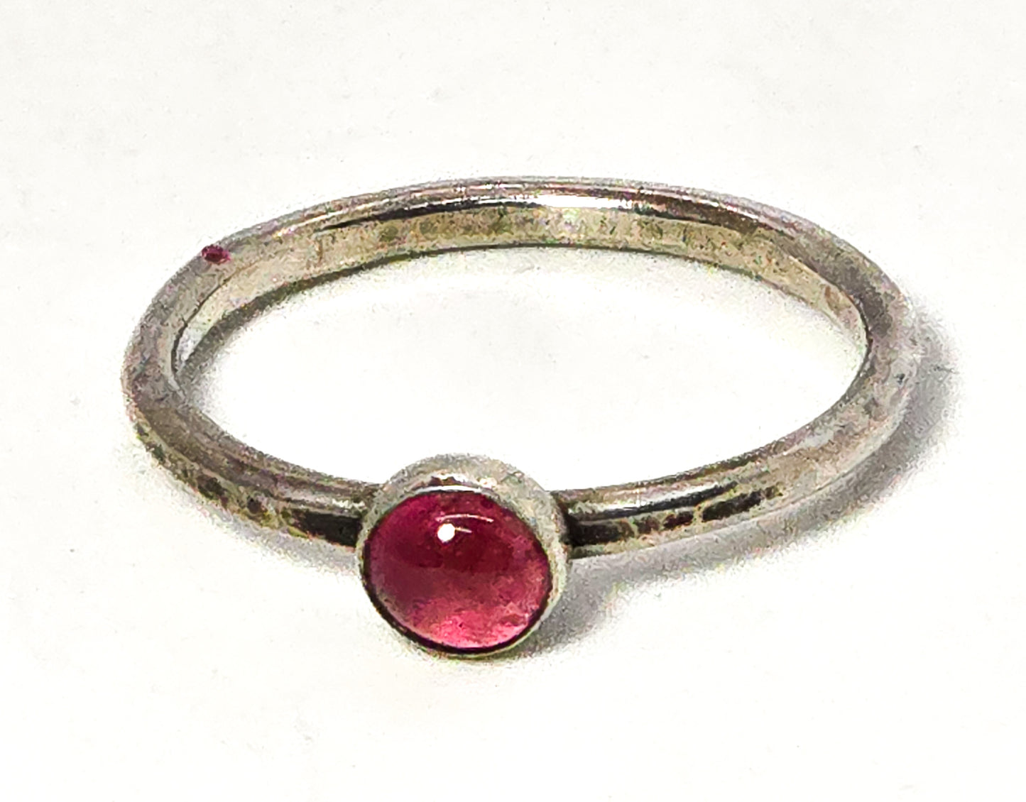 Pink Tourmaline gemstone artisan hammered sterling silver stacker ring size 9