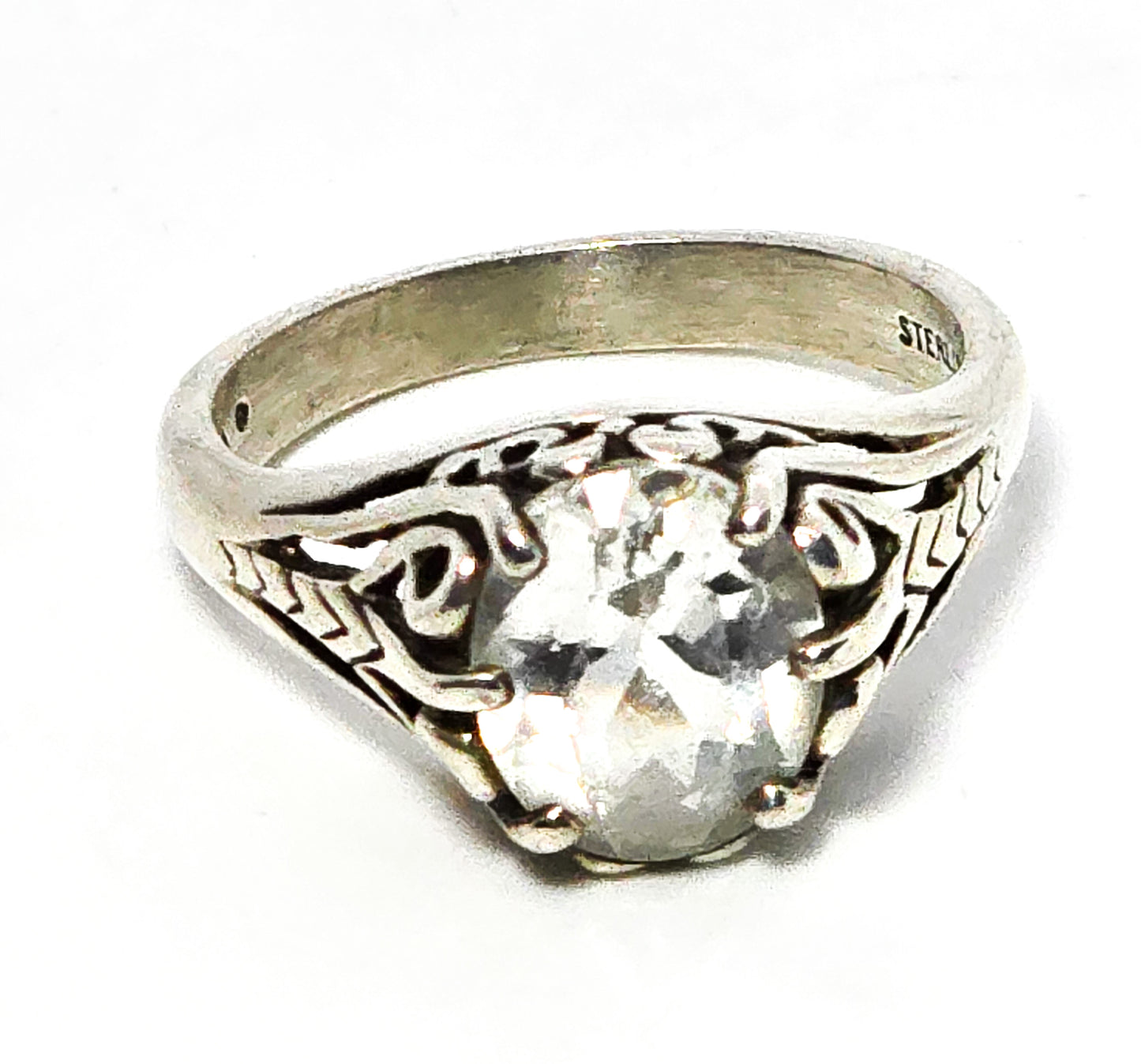 Kabana White Topaz Filigree swirl signed Sterling Silver ring size 8