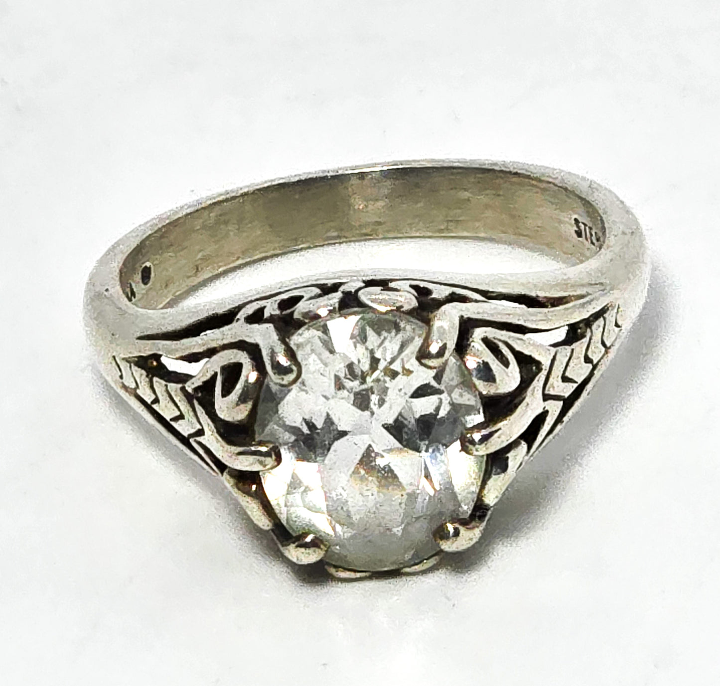 Kabana White Topaz Filigree swirl signed Sterling Silver ring size 8